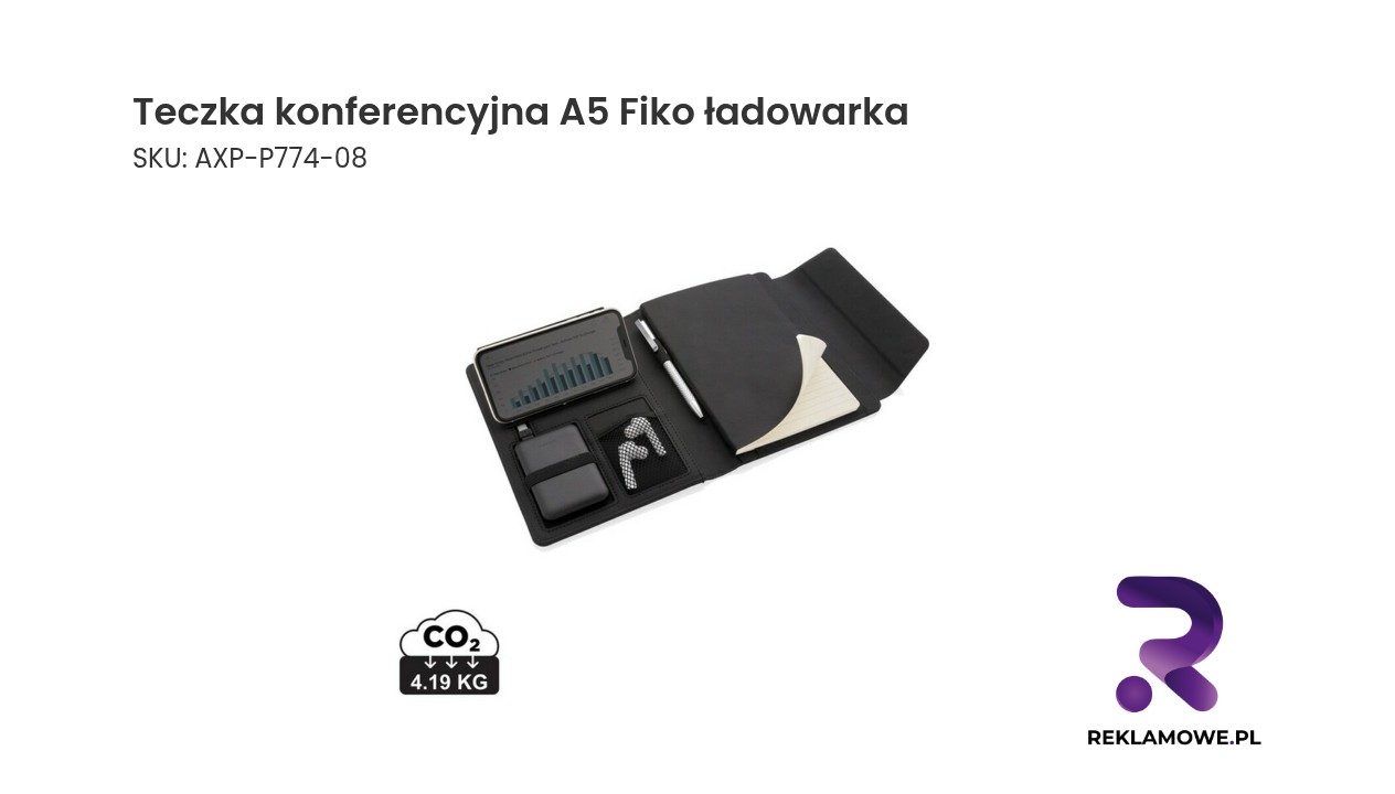 Teczka konferencyjna A5 Fiko, ładowarka bezprzewodowa Teczka konferencyjna A5 z wbudowaną ładowarką marki Fiko